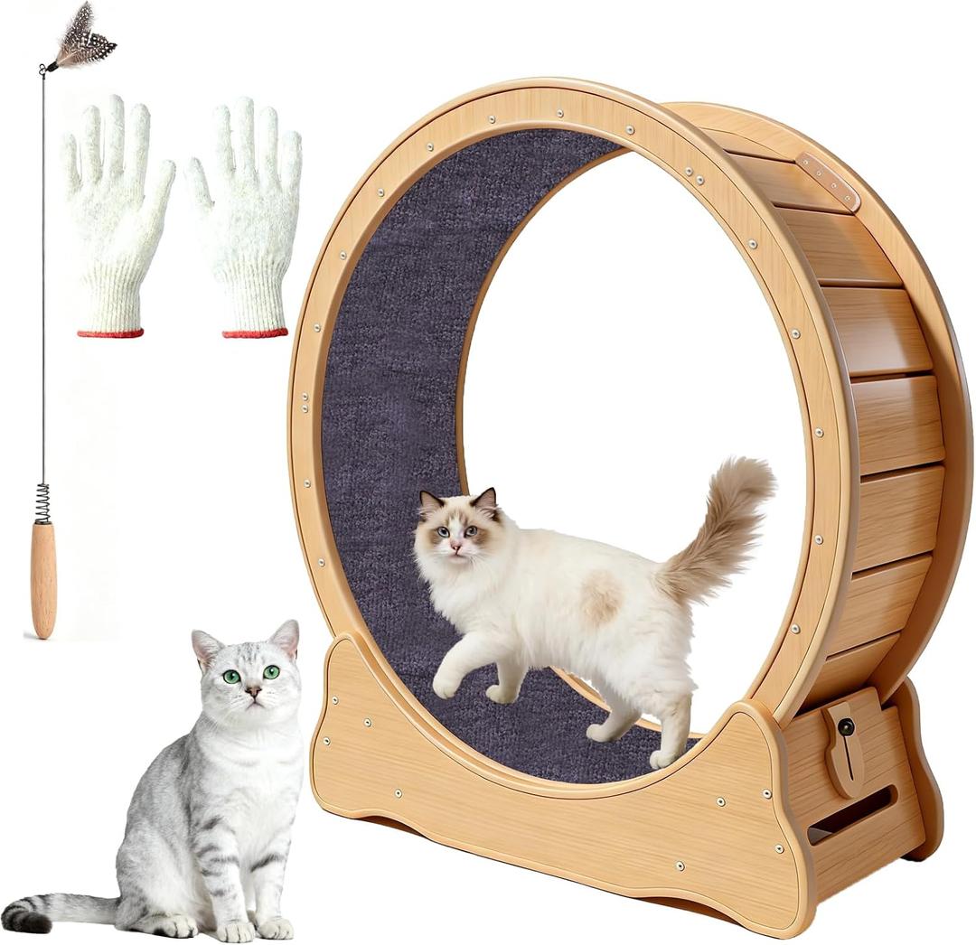 Cat Exercise Wheel Large - 35.4'' Wooden Treadmill for Indoor Cats with Low Noise, Safety Lock, Detachable Carpet & Eco-Friendly Design for Fitness, Weight Loss and Entertainment