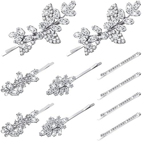 Janinka 10 Pieces Rhinestone Wedding Hair Clips Bridal Crystal Bobby Pins Silver Barrette Leaf Flower Wedding Elegant Hair Accessories for Bride Women and Girls (Rhinestone Style)