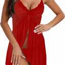 DIKFA Lingerie for Women Lace Babydoll Sleepwear V Neck Open Front Chemises Sexy Spaghetti Strap Nightgown (XXL)