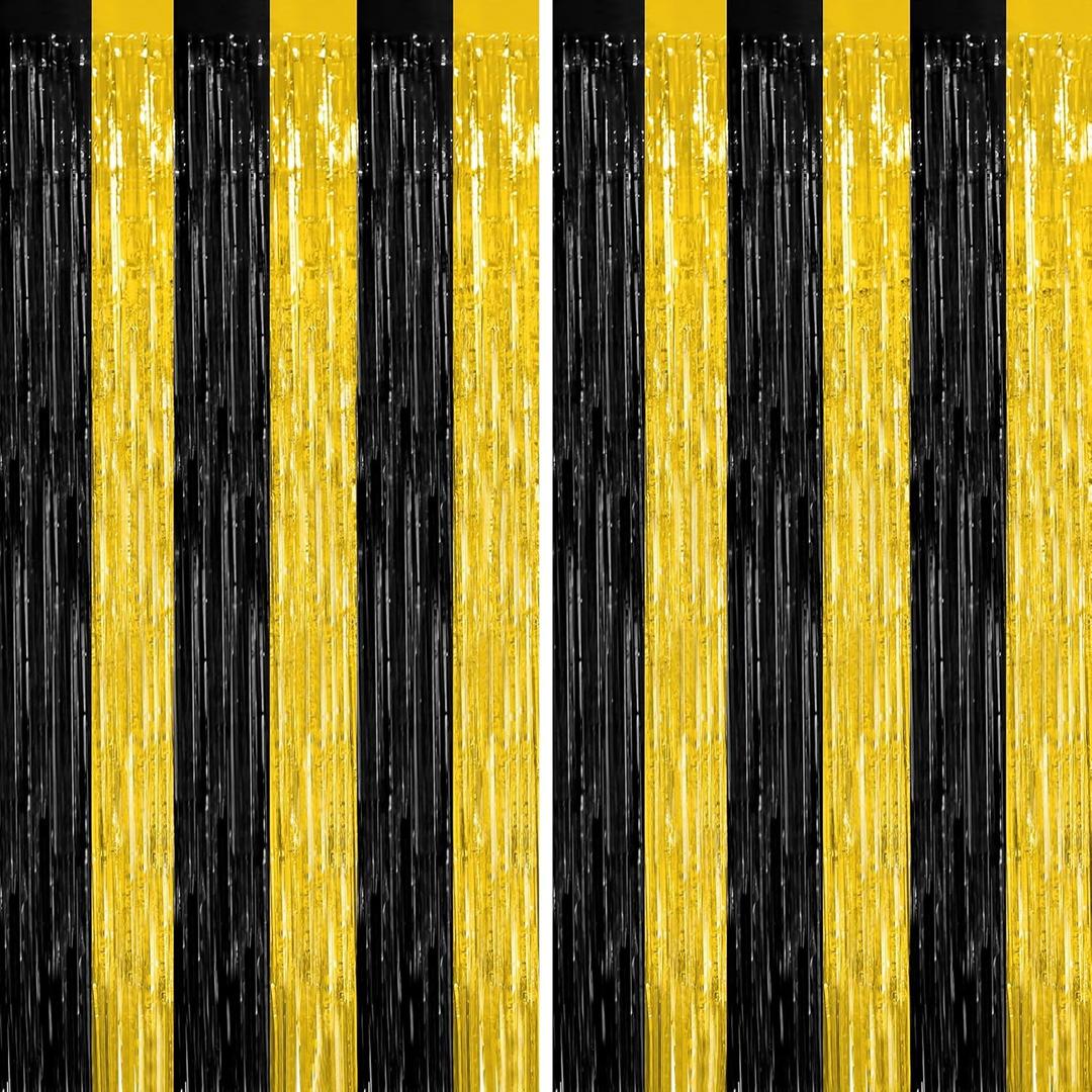 2 Pack Graduation Backdrop, 3.28 FT x 7.05 FT Black and Gold Foil Fringe Curtains, Metallic Foil Curtain Graduation Backdrop, Grad Party Supplies Black and Gold Party Decorations Class of 2026