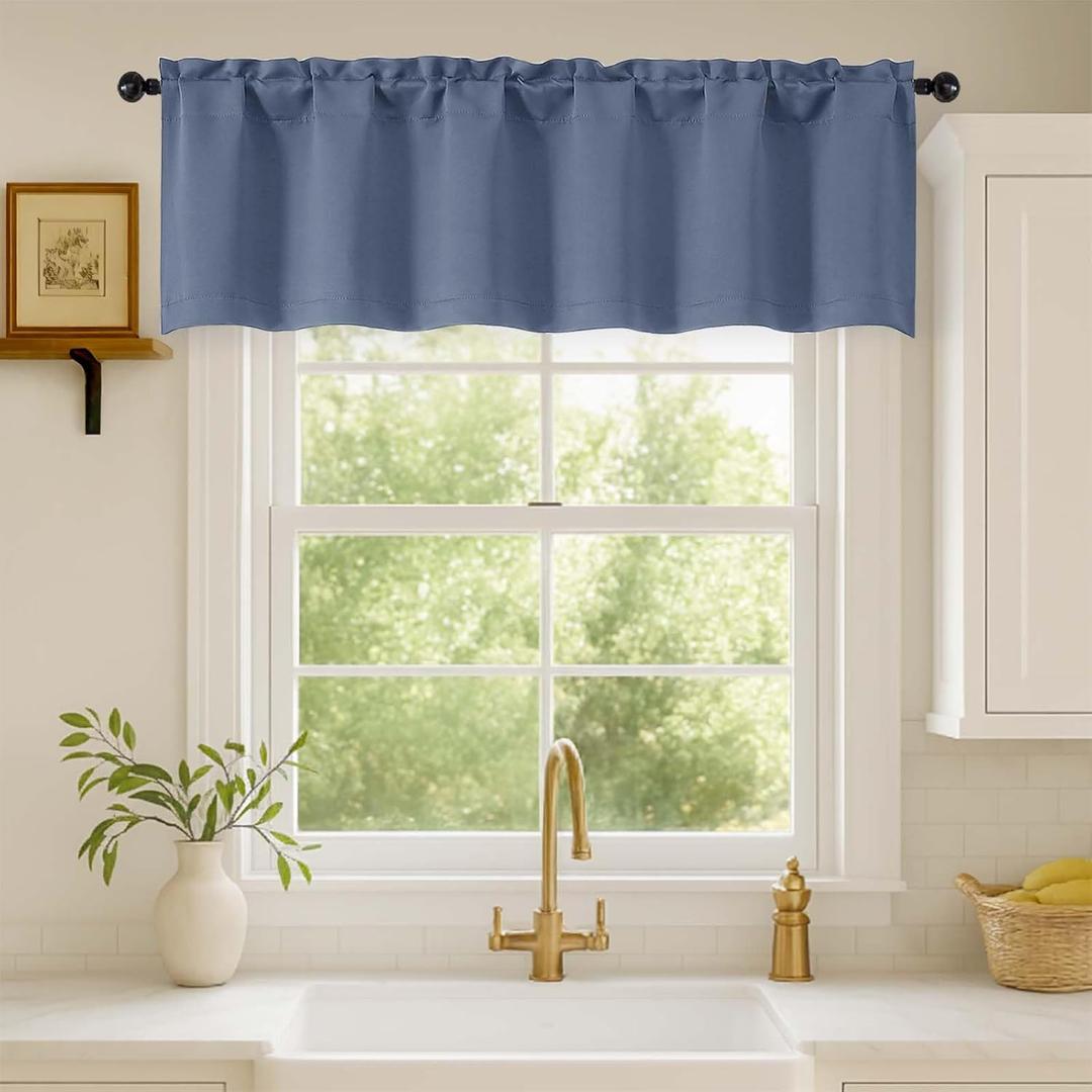 Denim Valances for Windows 1 Piece, Soft Solid Thermal Insulated Blackout Small Kitchen Window Curtains for Bathroom Basement Cafe, Rod Pocket, Denim, 60" Wx14 L