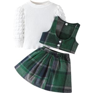 Toddler Girls Christmas Outfits Girls Puff Sleeve Knit Ribbed Tops Button Down Vest Plaid Skirt Set Winter Clothes (4T, Green)