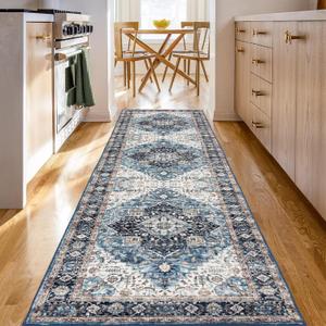 Runner Rug 26, Vintage Boho Rug,Ultra-Soft Low Pile, Washable, Non Slip,Stain Resistant Printed Carpet for Hallway Kitchen Living Room Bedrooms Playroom Office, Blue/Navy