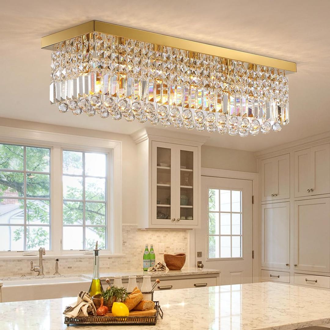 Siljoy 6-Light Modern Crystal Chandelier, Gold Rectangular K9 Crystal Raindrop Chandelier Flush Mount Ceiling Light Fixture for Dining Room Living Room Kitchen Island L31.5'' x W10'' x H10''