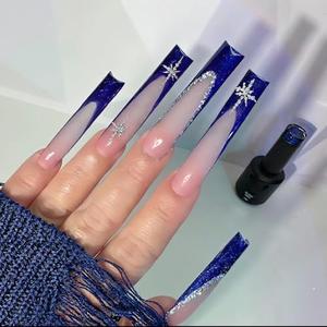 LPOODDNU Long Square Christmas Press on Nails Blue French Tip Fake Nails with Sliver Snowflake Designs Winter Glue on Nails Long Christmas Nails Press ons for Women Manicure Tips Decorations 24Pcs