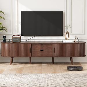 Alohappy TV Stand for TVs up to 80", Entertainment Center with Power Outlet and Sliding Door, 69 Inch TV Console with Storage and Drawer, Mid Century Modern TV Stand for Living Room, Bedroom, Walnut, 69"L X 17.7"H X 15.7"D