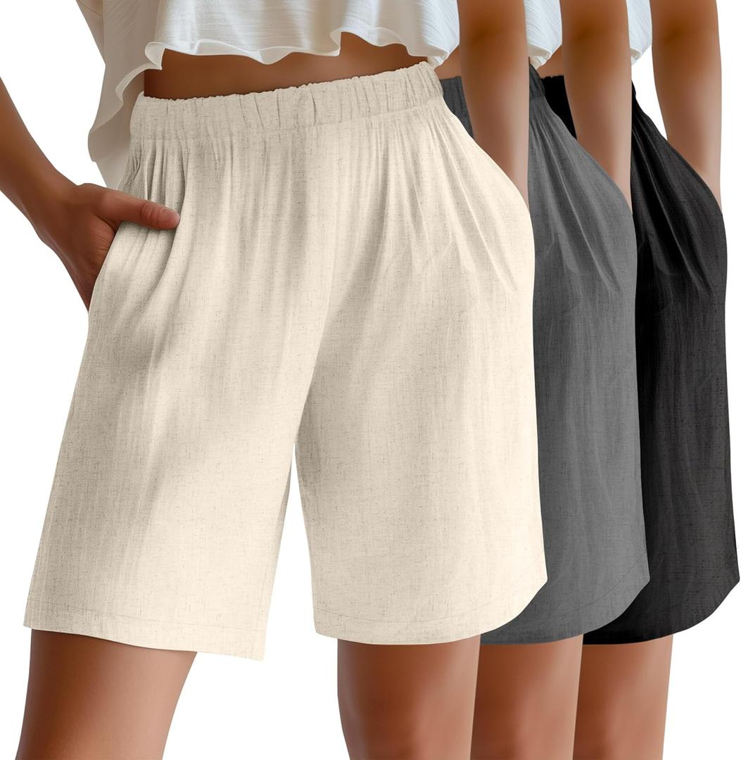 Riyiper 3 Pack Women's Linen Shorts Elastic High Waist Bermuda Wide Leg Summer Casual Lounge Short with Pockets (Medium, Apricot, Gray, Black)