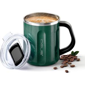 Ideus 16 oz Coffee Cup, Stainless Steel Coffee Travel Mug, Spill Proof Tea Mug with Handle and Lid, Lightweight and Durable, Great for Office Home and Outdoor Use, Deep Green