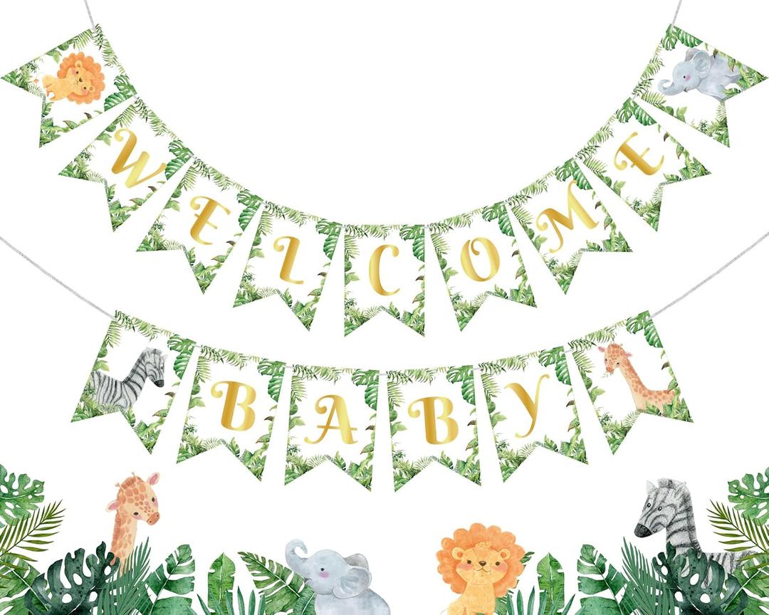 Spakon Pre Strung Safari Welcome Baby Banner Wild One Birthday Party Decorations Jungle Animals Baby Shower Decorations 9.8 ft Neutral Forest Animals Welcome Banner for Gender Reveal Party Decor