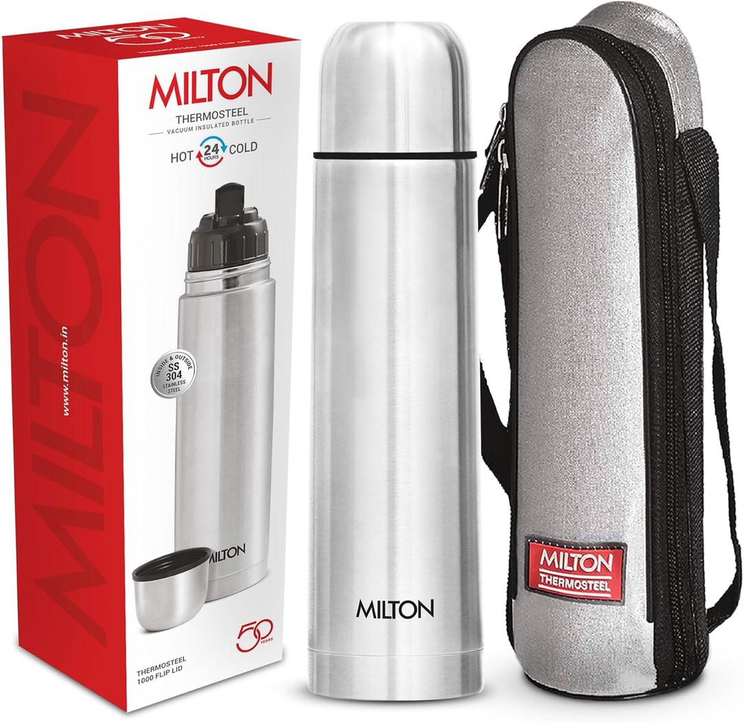 Milton Thermosteel Flip Lid 1000, Double Walled Vacuum Insulated Thermos 1000 ml | 34 oz | 1 Ltr | 24 Hours Hot and Cold Water Bottle with Cover, Stainless Steel, BPA Free,Leak Proof | Silver