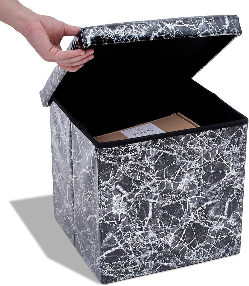 Dawhud Direct Footstool with Storage - Elegant Black Marble Look, 15x15x15 inches - Space-Saving Ottomans with Storage and Extra Seating - Ideal for Clothes, Living Room, Bedroom, Dorm