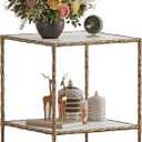 20" Square Sintered Stone End Table, Modern Marble Look Side Table with Open Storage Shelves, Accent Table with Antique Brass Gold Frame for Living Room, Bedroom, 19.69"D x 19.69"W x 24.02"H
