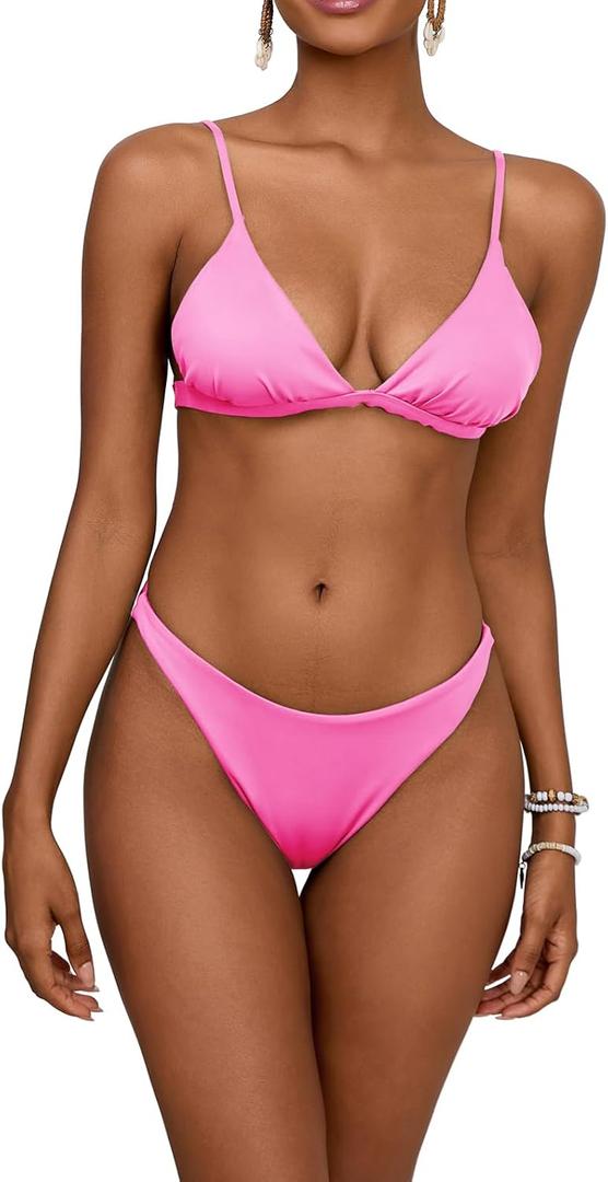 Thong Bikini Sets for Women Sexy Cross Criss Tie Back Triangle Bikini Cheeky High Cut Swimsuits 2 Piece (Large, Pink)