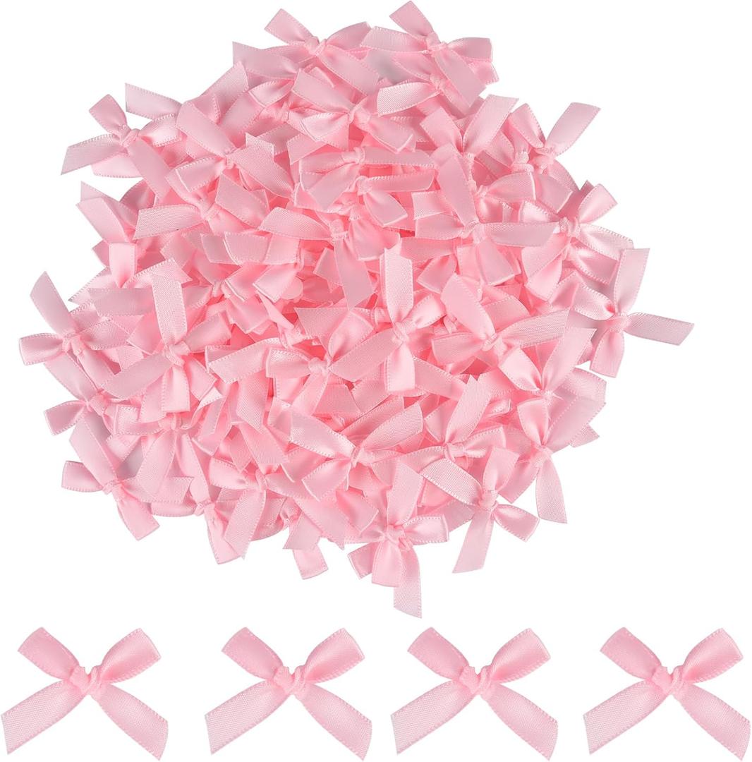 NEBURORA 100 Pcs Mini Pink Bows Small Satin Fabric Ribbons Bow with Dot Stickers for Gift Wrapping Cake Card DIY Crafts Wedding Party Decorations
