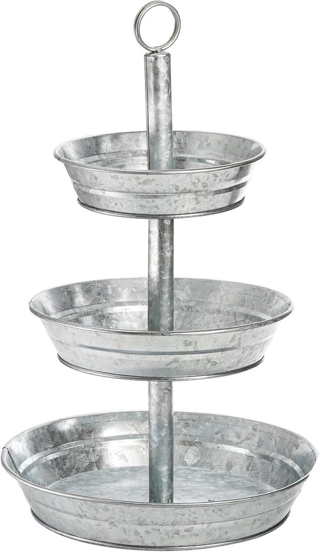 Okllen 3 Tier Serving Tray, Galvanized Metal Cupcake Stand Vintage Dessert Appetizer Stand, Rustic Home and Garden Display Stand for Country Farmhouse, Kitchen, Indoor, Outdoor Use