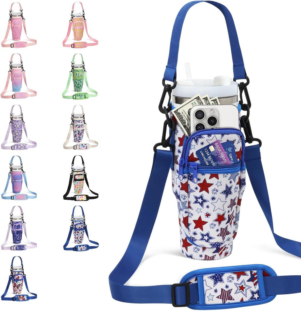 DLOCCOLD Water Bottle Carrier Bag with Phone Pocket for 40 oz Tumbler, Water Bottle Holder with Adjustable Shoulder & Handheld Strap, Carrier Sling Bag for Water Bottle Walking Camping Travelling (Blue Star)