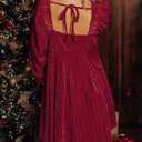 Chvity Women Velvet Backless Mini Dress Sqaure Neck Long Sleeve Casual Loose Holiday Party Winter Babydoll Velour Dressess (Large, Red)