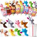 JOYIN 24 Pcs Valentine's Day Gifts Plush Toy & Straws with Cards, Mini Plush Finger Puppets to Hold Straw & Drink Themed Cards, Valentines Day Card for Kids School Classroom Exchange Prizes