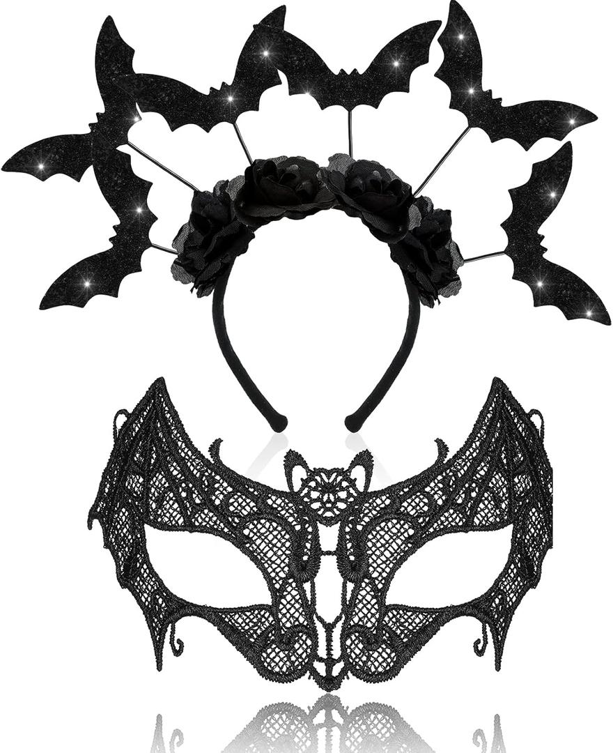 WILLBOND 2 Pcs Halloween Bat Costume Set Bat Headband Women Adult Masquerade Lace Eye Mask Hair Hoop Veil Queen Eye Mask for Halloween Cosplay Accessories Carnival Party