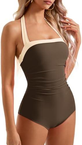 SUUKSESS Women Sexy Tummy Control One Piece Swimsuit Halter Retro Bathing Suit M