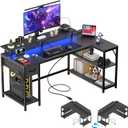 47 inch Gaming Desk with USB Charging Ports and LED Light, Reversible L Shaped Desk, L Shaped Desk with Hook & Monitor Stand, Computer Desk with Drawer and Shelves for Home Office Bedroom (Carbon Fiber Black)