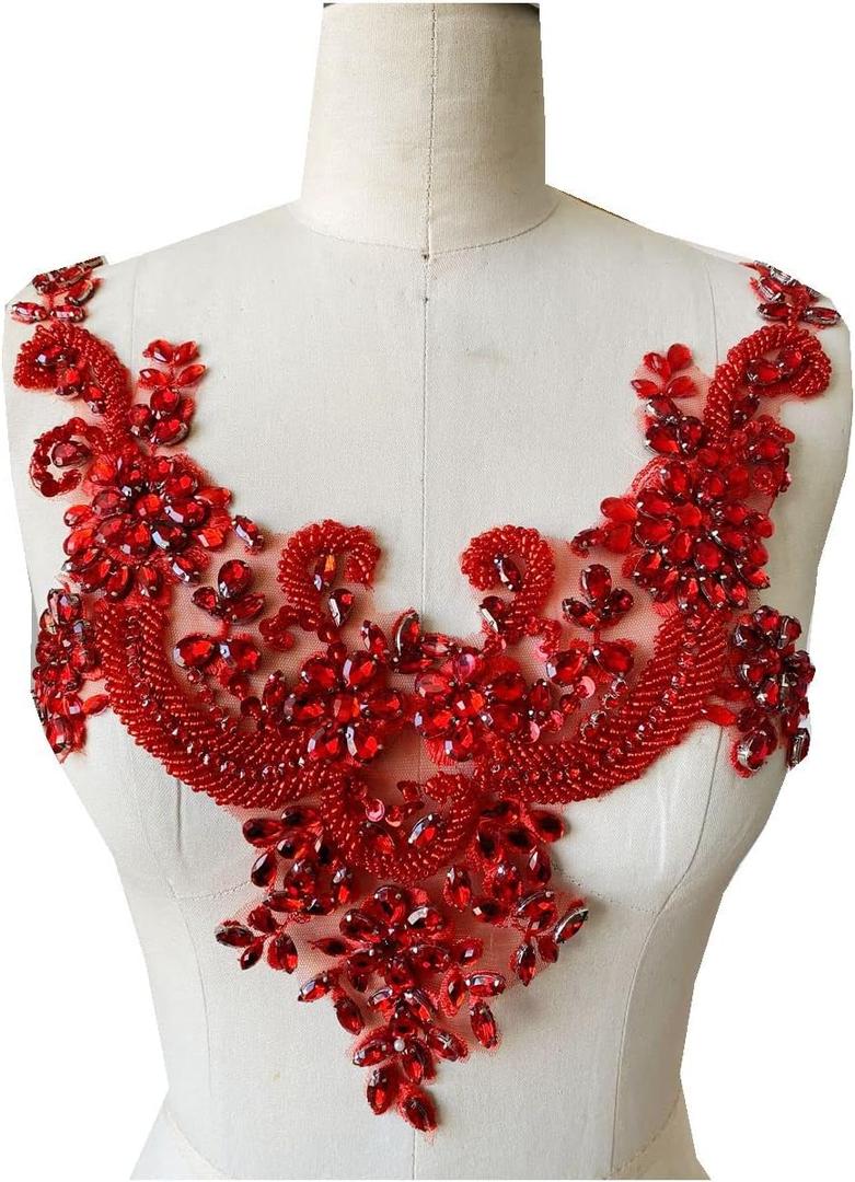 Handmade Rhinestones lace Applique handsewing Beads Trim Patches Neckline for Dress Clothes Accessory (Red)