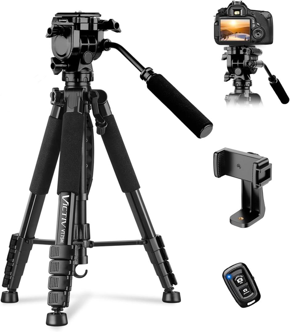Camera Tripod, 75 Heavy Duty Tripod for Camera with Phone Holder and Travel Bag, Compatible with Video Camera, DSLR, Spotting Scopes, Camcorder, GoPro, Cell Phone, Max Load 16LB (Black)