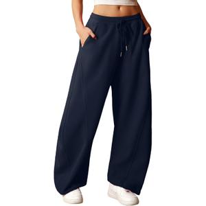 ELLEVEN Women's Y2K Wide Leg Sweatpants - High Elastic Waist Baggy Pants with Pockets & Adjustable Ankle Drawstring Cuffs (Navy Blue, Small)