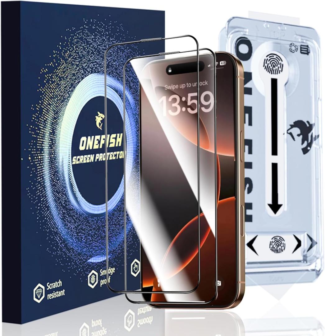OneFish Full Edge Coverage Tempered Glass Screen Protector for IPhone 15 Pro 6.1 inch, 2 Pack Edge Reinforcement, Self-Aligning Installation, Case Friendly HD Screen Protectors