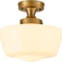 Puncoll Gold Schoolhouse Light Fixture - Vintage Milk Glass Ceiling Light Fixture - Semi-Flush Mount Ceiling Light for Bedroom Kitchen Hallway Entryway, C2504-BG