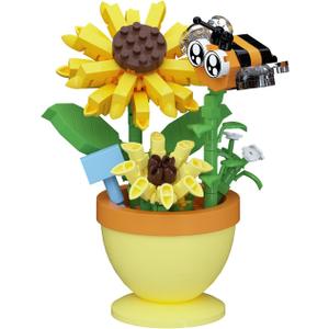 Mini Flower Bonsai with Cute Insects Sunflower bee - DIY Potted Plant Building Blocks for Kids and Adults, Botanical Collection Decor Toy