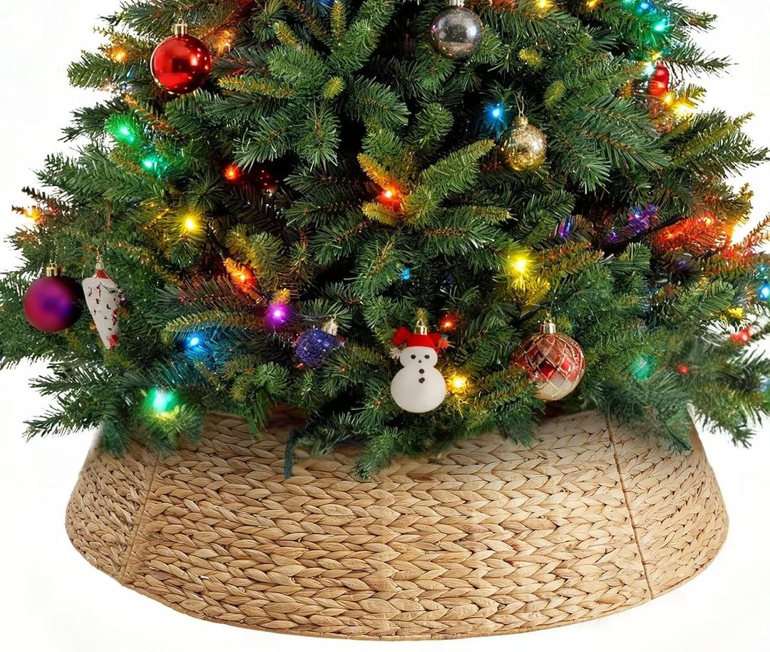 Sweetcrispy 42inch Christmas Tree Collar for 9-12ft Trees, Woven Hyacinth Rattan 4-Panel Collar w/Cord Access Hole & Easy Lock Design, Natural