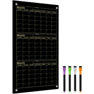 Black Glass Whiteboard Calendar 36" X 18" 3 Month Dry Erase White Board Planner Glass Large Wall Mounted Calendar with Marker Tray for Wall Home Office