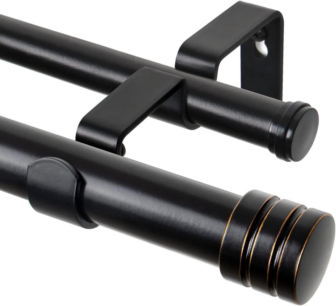 TONIAL1 Inch Double Curtain Rods 36 to 72 Inches (3 to 6 ft), Heavy Duty Decorative Drapery Rod for Windows 24 to 68 Inches (2 to 5.7 ft) with Classic Cap Finial, Black