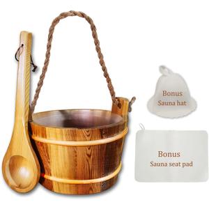 Red Cedar Large Sauna Bucket with Ladle, with Sauna Hat and Seat Pad, Sauna Wooden Water Bucket 6L (1.6 Gallons) with Plastic Liner for Sauna Room Sauna Heater Sauna Accessory