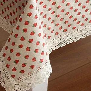 eTRY Red Strawberry Lace Rectangle Tablecloth Cotton Linen Table Cover for Kitchen Dinning Outdoor Picnic Party Tabletop Oblong 55 x 98 inch