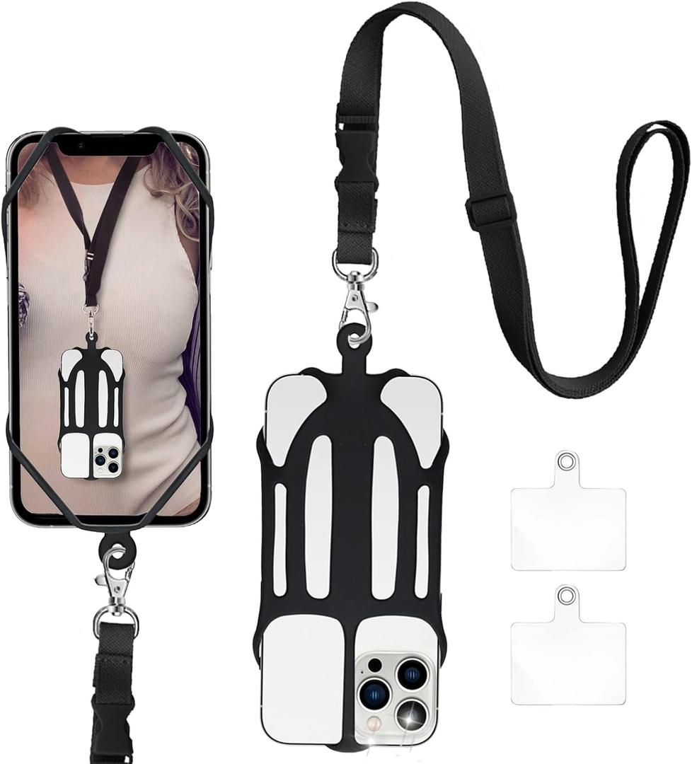 Phone Lanyard, Phone Lanyards for Around the Neck, 2 in 1 Phone Strap with Silicone Phone Holder and Patch, Fits iPhone and Most Cell Phones (Black)
