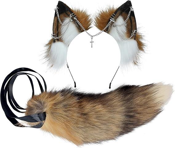 VIGVAN Wolf Ear Headband and Tail Set Fluffy Plush Wolf Cosplay Costumes