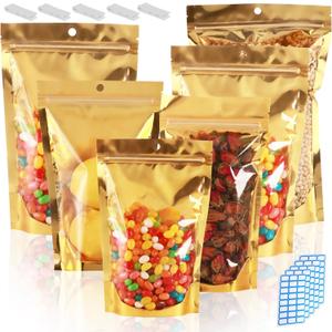 150 Pcs Mylar Bags for Food Storage, 5x8 Mylar Bag with Window Stand Up, Small Holographic Resealable Bags Smell Proof Bag Food Packaging for Small Business Freeze Dried Candy Jewelry Foil Packaging (Golden)