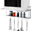 QWORK Microwave Oven Rack Shelf, Wall Mount Electric Oven Holders, Aluminum Double-Layer Microwave & Spice Rack, 2 Shelves with 10 Hooks, Support Load 88lbs, 21.65"x15"x9.84"