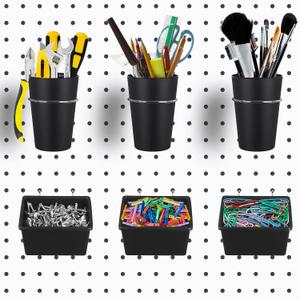6 Sets Pegboard Bins with Hooks - Pegboard Organizer for Accessories, Tools, Storage - Office, Workshop, Garage - Black