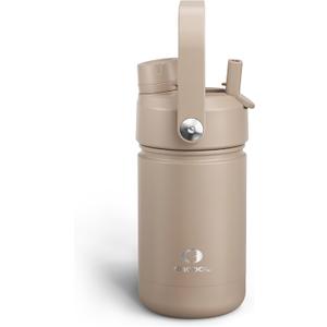 Kids Insulated Water Bottle with Straw - 12oz Stainless Steel Water Bottle with Dual Spouts, Leak-Proof, BPA-Free, Double Wall Vacuum Keeps Cold for 24 Hours for Sports, Travel, School (Raw Umber)