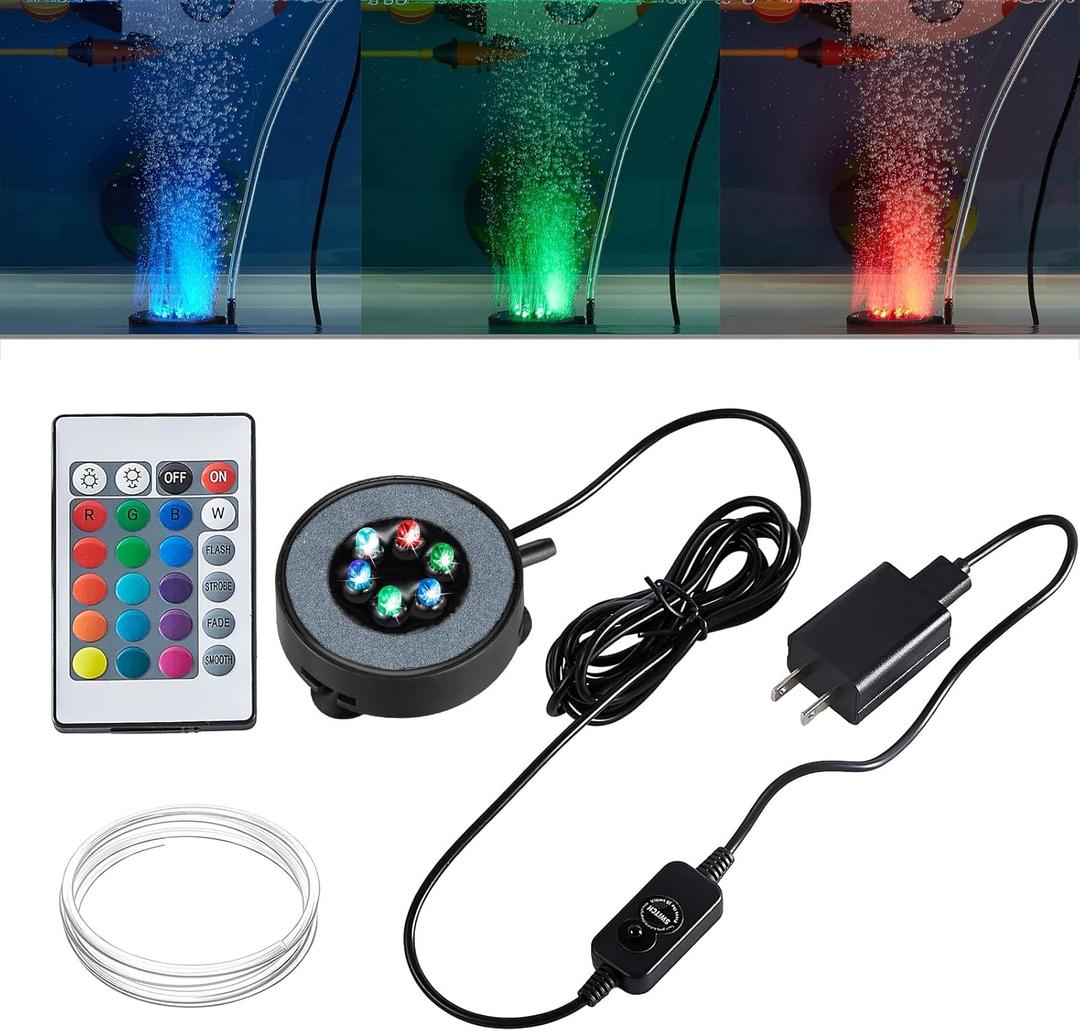 Carefree Fish Aquarium LED Light Air Stone for Small Fish Tank Oxygen Stone and Tube Make Bubble 16 Colors and 4 Modes IP68 2In (2Inch)