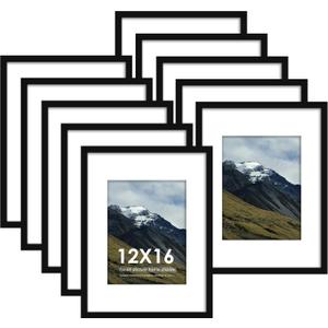 12x16 Picture Frame Sef of 10, Display Pictures 8.5x11 with Mat or 12 x 16 Without Mat, Photo Frame Collage for Wall Gallery Decor, Wall Mounted, Black