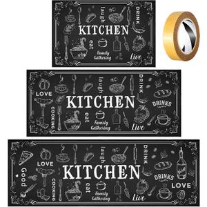 Bencailor 3 Pieces Kitchen Rugs Set Non Slip Washable Kitchen Mats Farmhouse Welcome Door Mat Floor Rugs Absorbent for Home Laundry Living Room and Hallway,3 Sizes(Black)