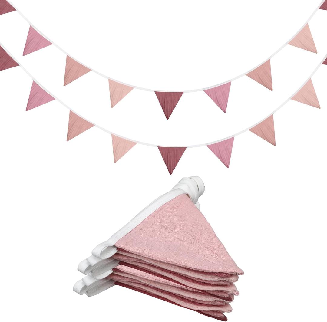 Oudain 2 Pcs Pennant Banner Flags Nursery Garland Triangle Bunting Flags Playroom Wall Decor Banner for Nursery Baby Shower Birthday Boho Wedding Party Event, Each 7.75 ft(Pink Color)