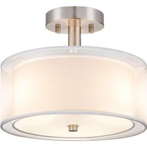FOLKSMATE 3-Light Semi Flush Mount Ceiling Light Fixture, Drum Light with Double Fabric Shade, Modern Close to Ceiling Lamps for Dining Room Kitchen (White)