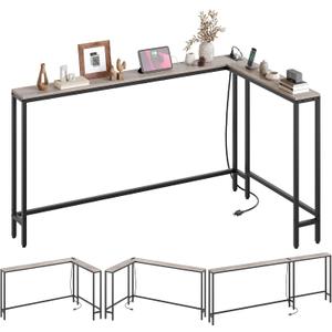 Narrow Console Table with Outlets, 78.7" Sofa Table Narrow Long, L Shaped Behind Couch Entryway Table with Charging Station, for Living Room, Hallway, 3 Assembly Options, Greige