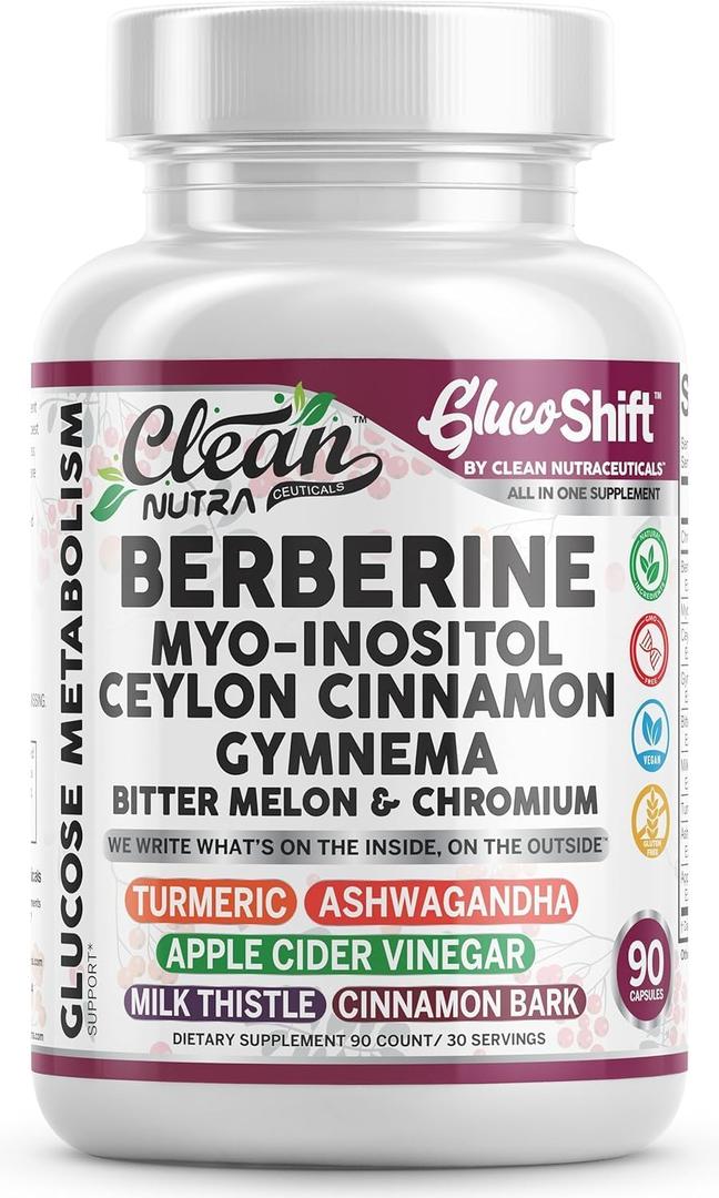 Clean Nutra Berberine Supplement Myo-Inositol Ceylon Cinnamon Gymnema Bitter Melon Chromium Complex for Digestion, Antioxidant Support & Wellness 90 Vegan Capsules, EXP: 11/26