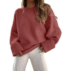 ANRABESS Women's Oversized Sweaters 2025 Long Sleeve Fuzzy Knit Casual Chunky Pullover Sweater Fall Outfits Clothes (Medium, Rust - Birck Red)